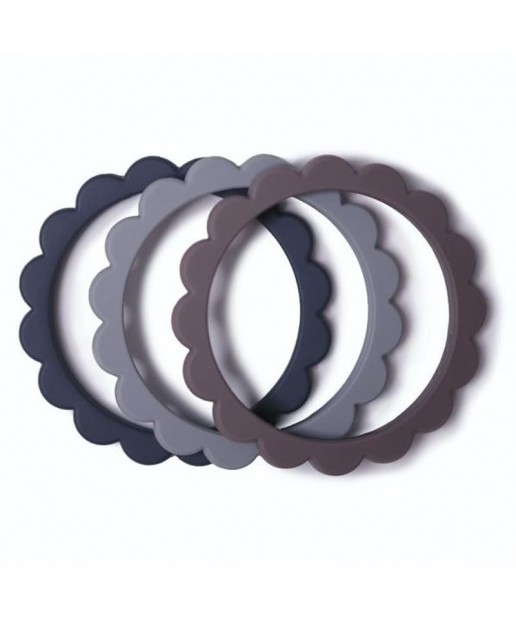 Mushie - 3 gryzaki silikonowe bransoletki FLOWER Dove Gray/Steel/Stone