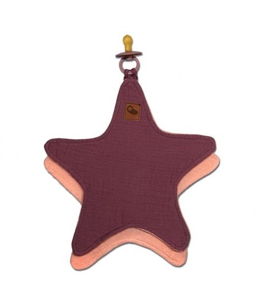 Hi Little One - Przytulanka dou dou z zawieszką z organicznej BIO bawełny GOTS cozy muslin pacifier keeper Star Lavender